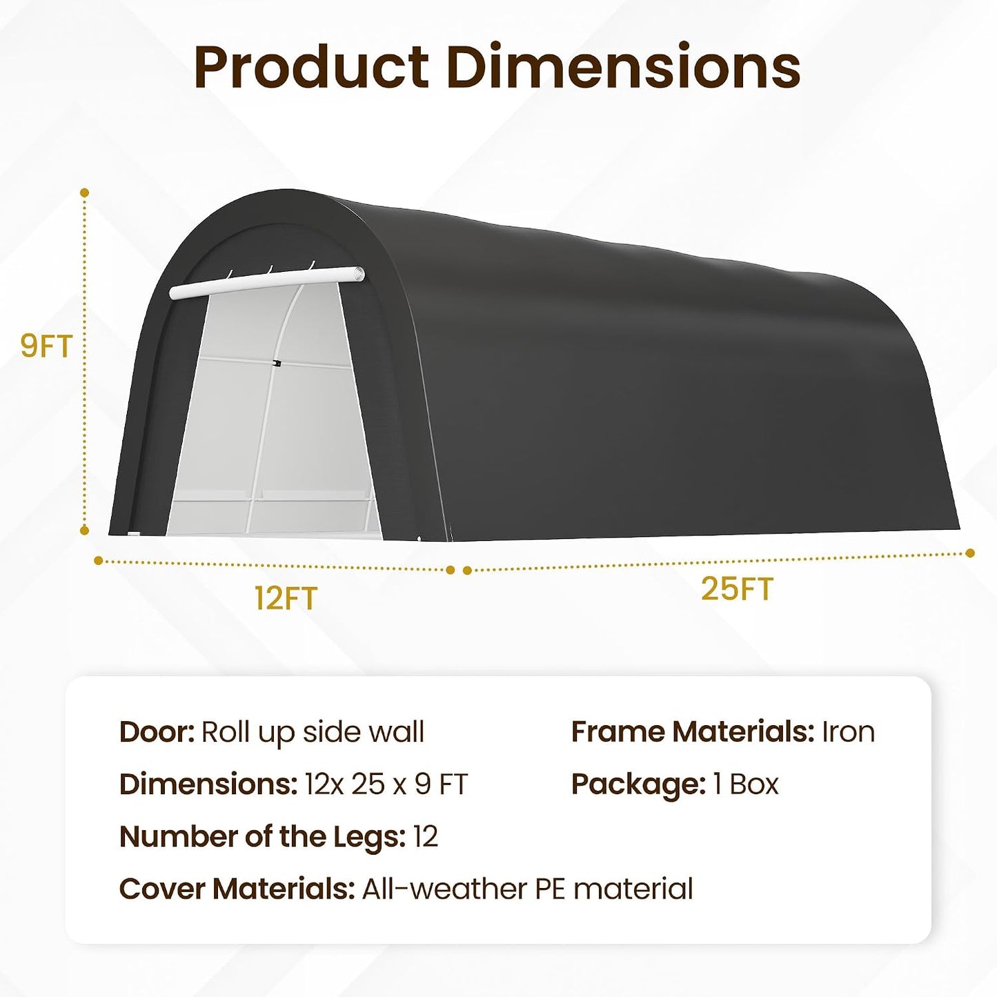 12X25FT Heavy Duty Carport, Portable Garage with 2 Roll up Doors Vents and Metal round Roof, Outdoor Storage Shed Car Port Canopy Tent for Garden Tools, Vehicle Truck Boat, Party, Dark Gray