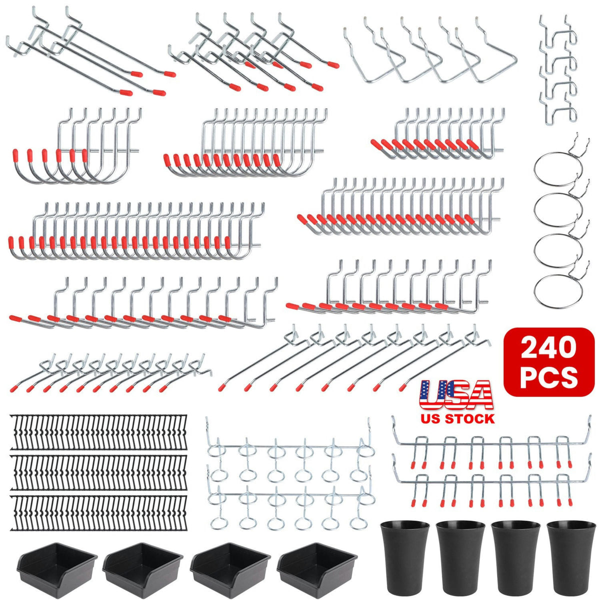 240Pcs Pegboard Hooks Assortment Garage Pegboard Accessories Organizer Kit 1/8 and 1/4 inch Peg Board Hooks for Organizing Various Tools