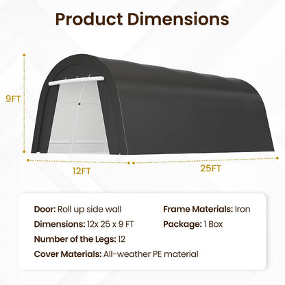 12X25FT Heavy Duty Carport, Portable Garage with 2 Roll up Doors Vents and Metal round Roof, Outdoor Storage Shed Car Port Canopy Tent for Garden Tools, Vehicle Truck Boat, Party, Dark Gray