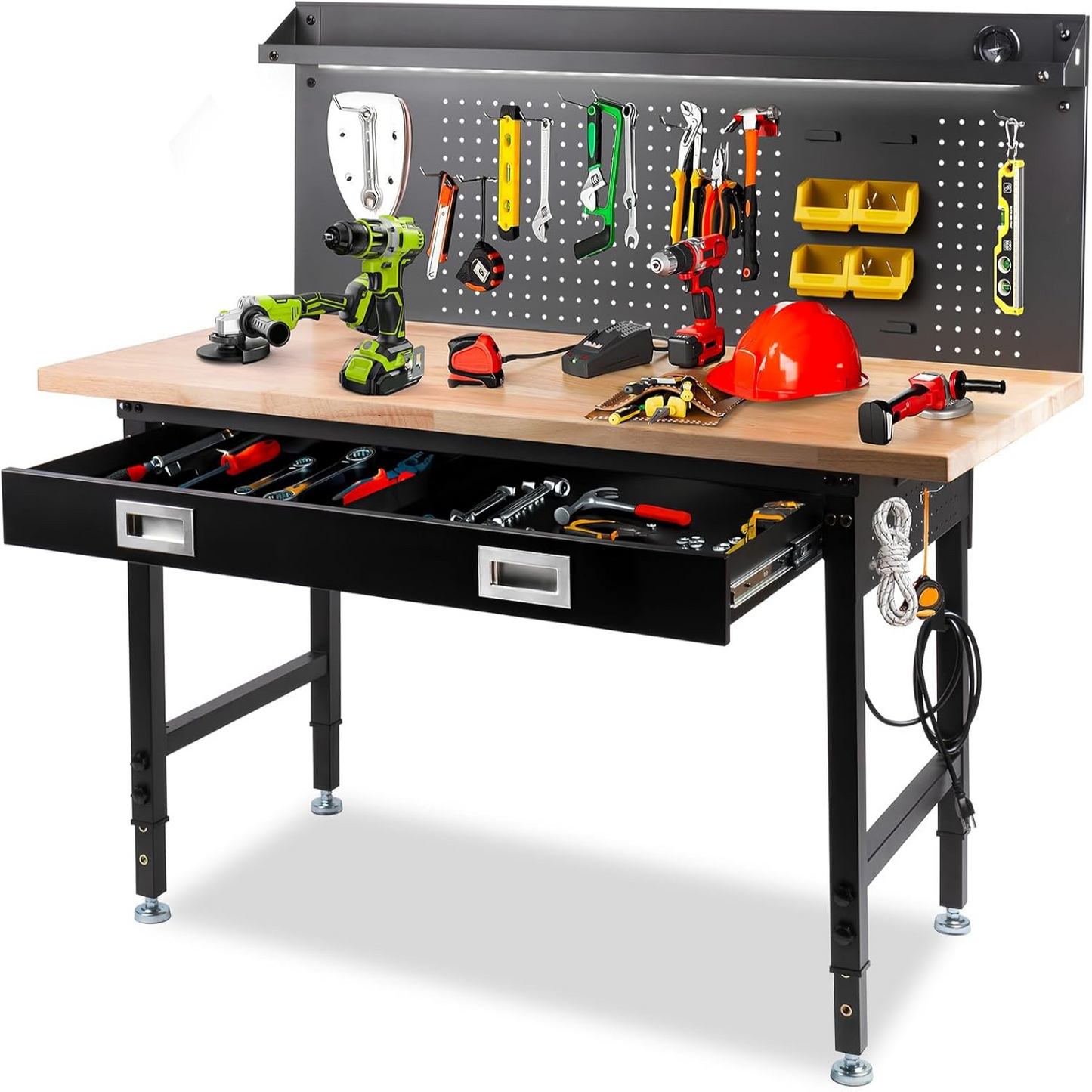 60" Workbench with Drawers, Work Benches for Garage with Strip Light, Adjustable Work Table with Large Pegboard, 2000 LBS Heavy Duty Table with Power Outlet Rubber Wood for Office Workshop