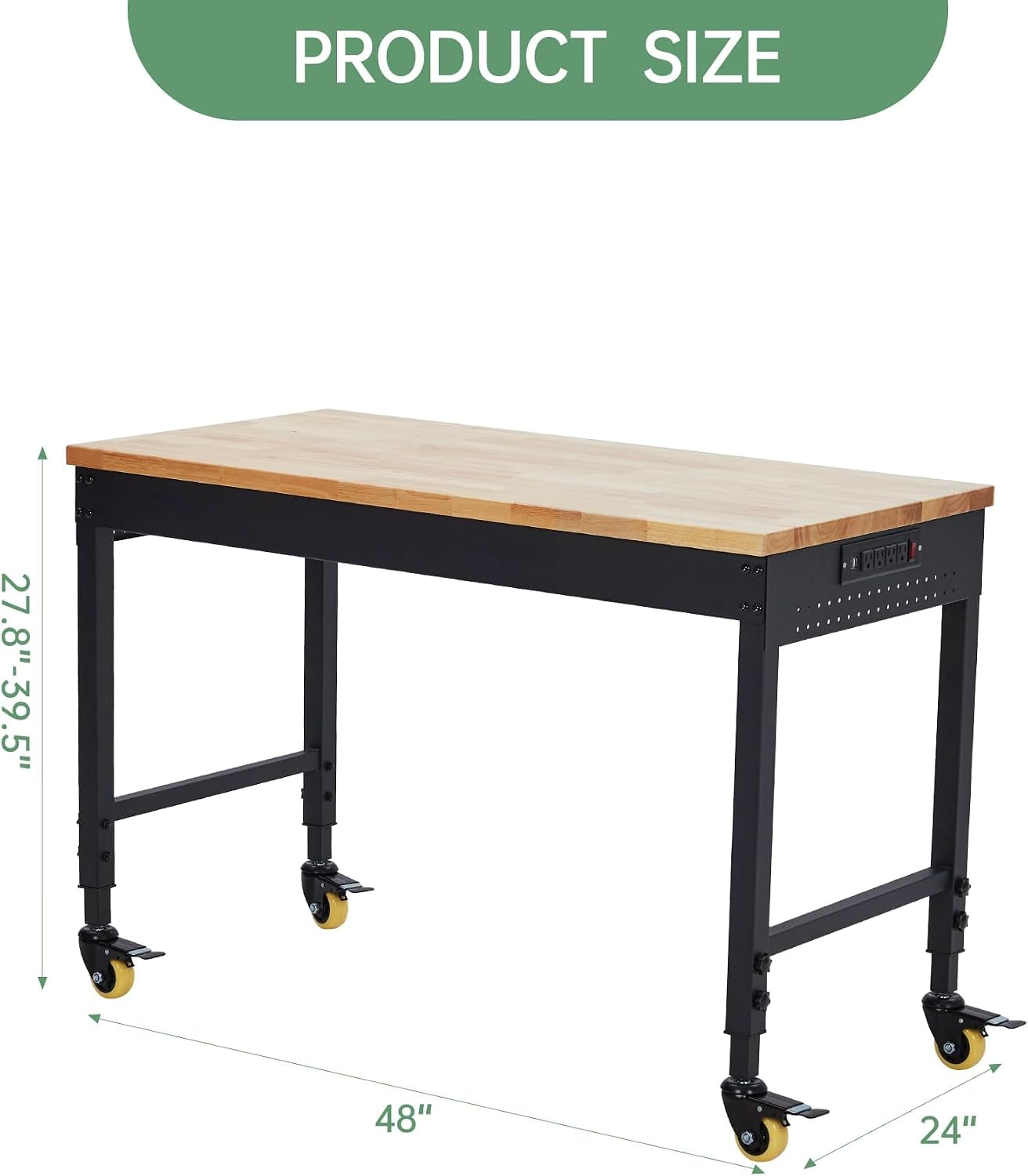 48X24 Inch Garage Workbench, Rubberwood Top Work Benches with Wheels & Power Outlet, Adjustable Height Work Table, 2000LBS Max Load Heavy Duty Workbench for Workshop Home Use