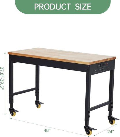 48X24 Inch Garage Workbench, Rubberwood Top Work Benches with Wheels & Power Outlet, Adjustable Height Work Table, 2000LBS Max Load Heavy Duty Workbench for Workshop Home Use