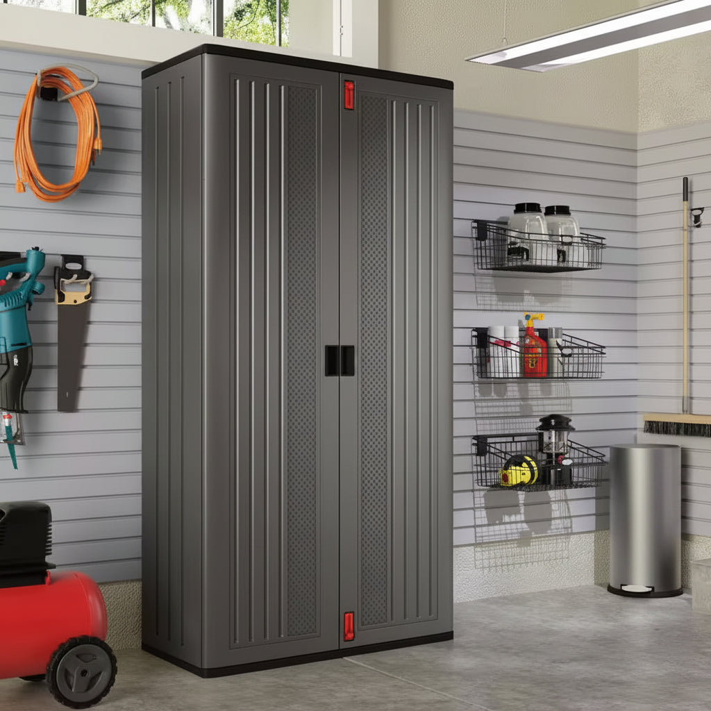 40 In. W X 80.25 In. H X 20.25 In. D Plastic Freestanding Garage Cabinet in Dark Shadow Metallic Black