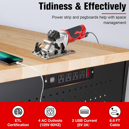 60" Workbench with Drawers, Work Benches for Garage with Strip Light, Adjustable Work Table with Large Pegboard, 2000 LBS Heavy Duty Table with Power Outlet Rubber Wood for Office Workshop