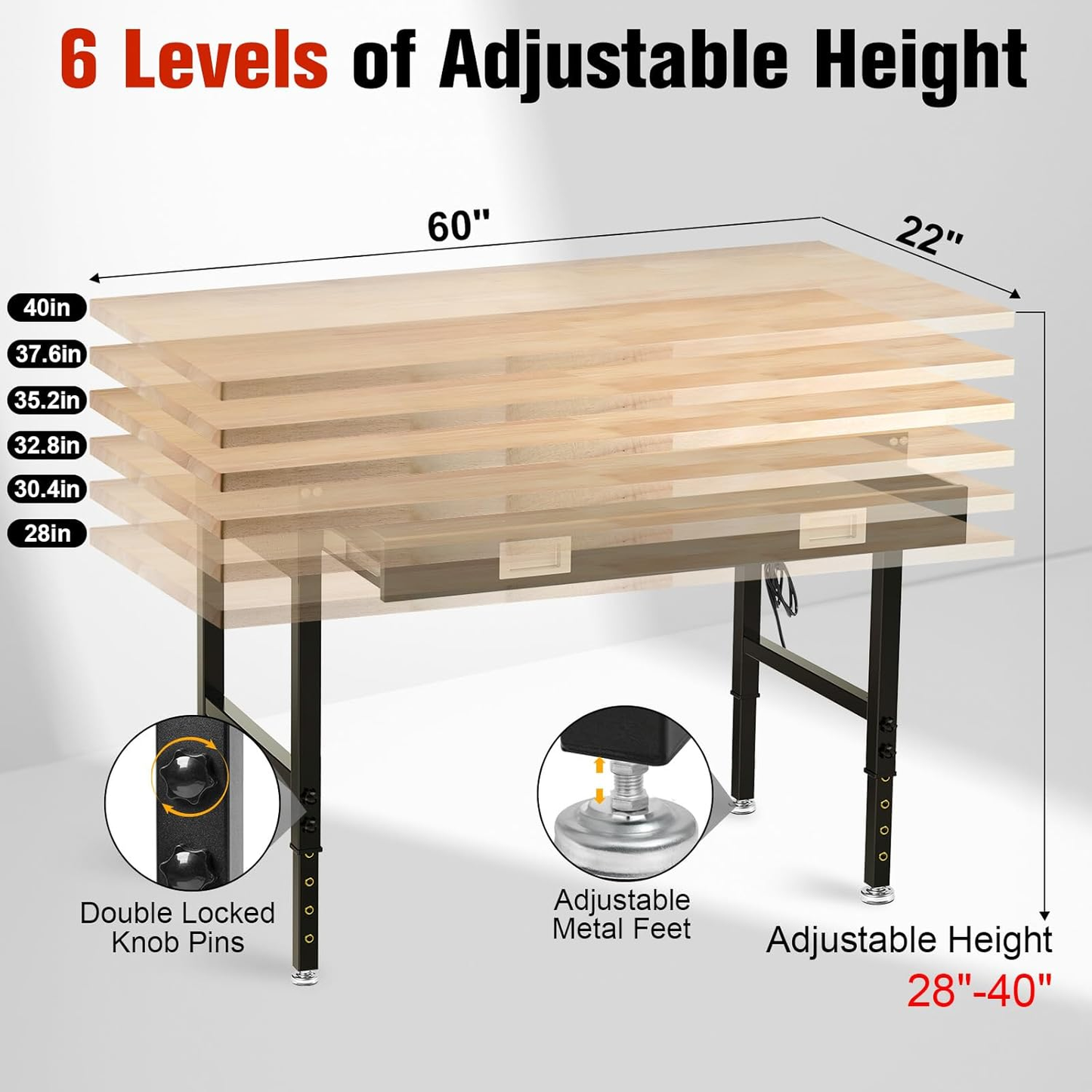 60" Workbench with Drawers, Work Benches for Garage with Strip Light, Adjustable Work Table with Large Pegboard, 2000 LBS Heavy Duty Table with Power Outlet Rubber Wood for Office Workshop