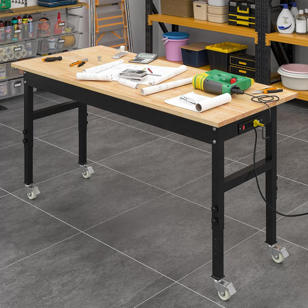 48" Adjustable Work Bench, Rubber Wood Top Workbench | Heavy-Duty Work Table with Power Outlet,Workbenches Wheels, 2000 LBS Load Capacity Hardwood Work Benches for Garage