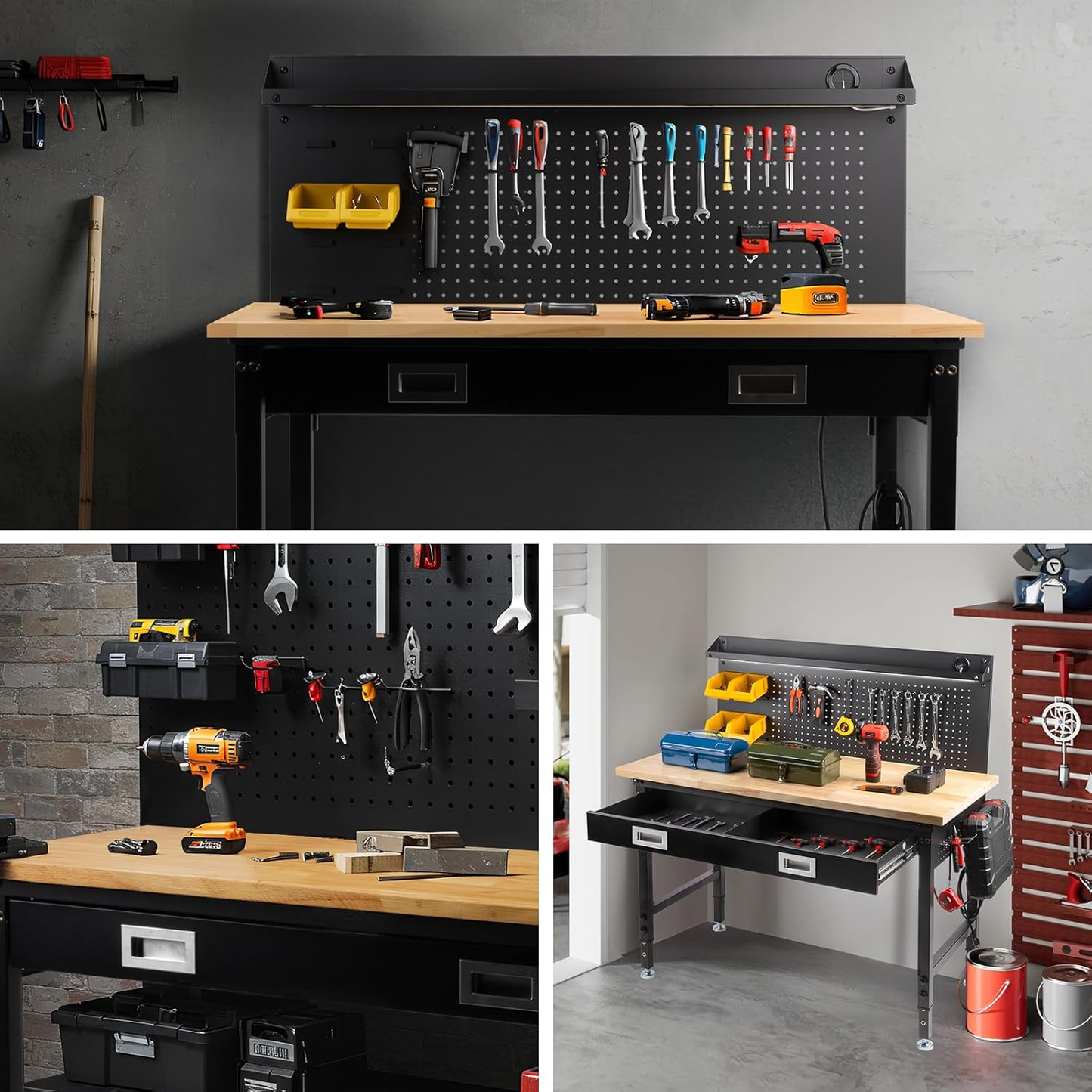 60" Workbench with Drawers, Work Benches for Garage with Strip Light, Adjustable Work Table with Large Pegboard, 2000 LBS Heavy Duty Table with Power Outlet Rubber Wood for Office Workshop