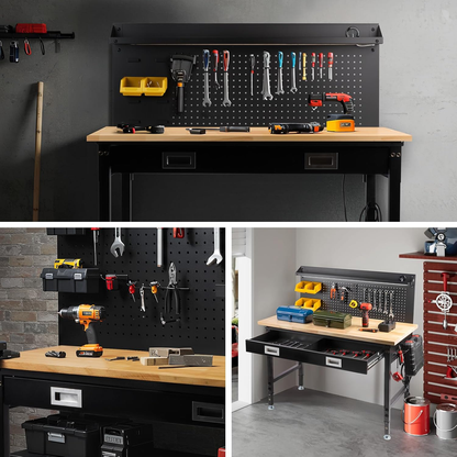 60" Workbench with Drawers, Work Benches for Garage with Strip Light, Adjustable Work Table with Large Pegboard, 2000 LBS Heavy Duty Table with Power Outlet Rubber Wood for Office Workshop