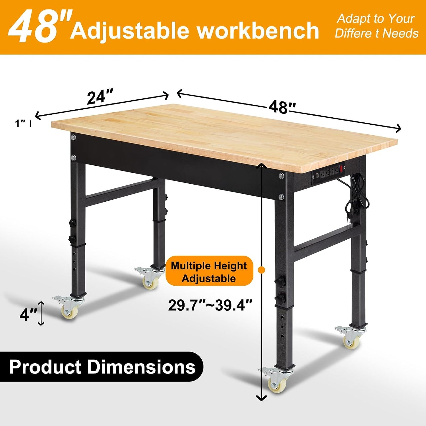48" Adjustable Work Bench, Rubber Wood Top Workbench | Heavy-Duty Work Table with Power Outlet,Workbenches Wheels, 2000 LBS Load Capacity Hardwood Work Benches for Garage
