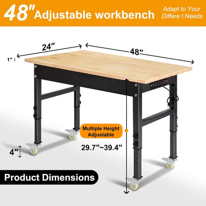 48" Adjustable Work Bench, Rubber Wood Top Workbench | Heavy-Duty Work Table with Power Outlet,Workbenches Wheels, 2000 LBS Load Capacity Hardwood Work Benches for Garage