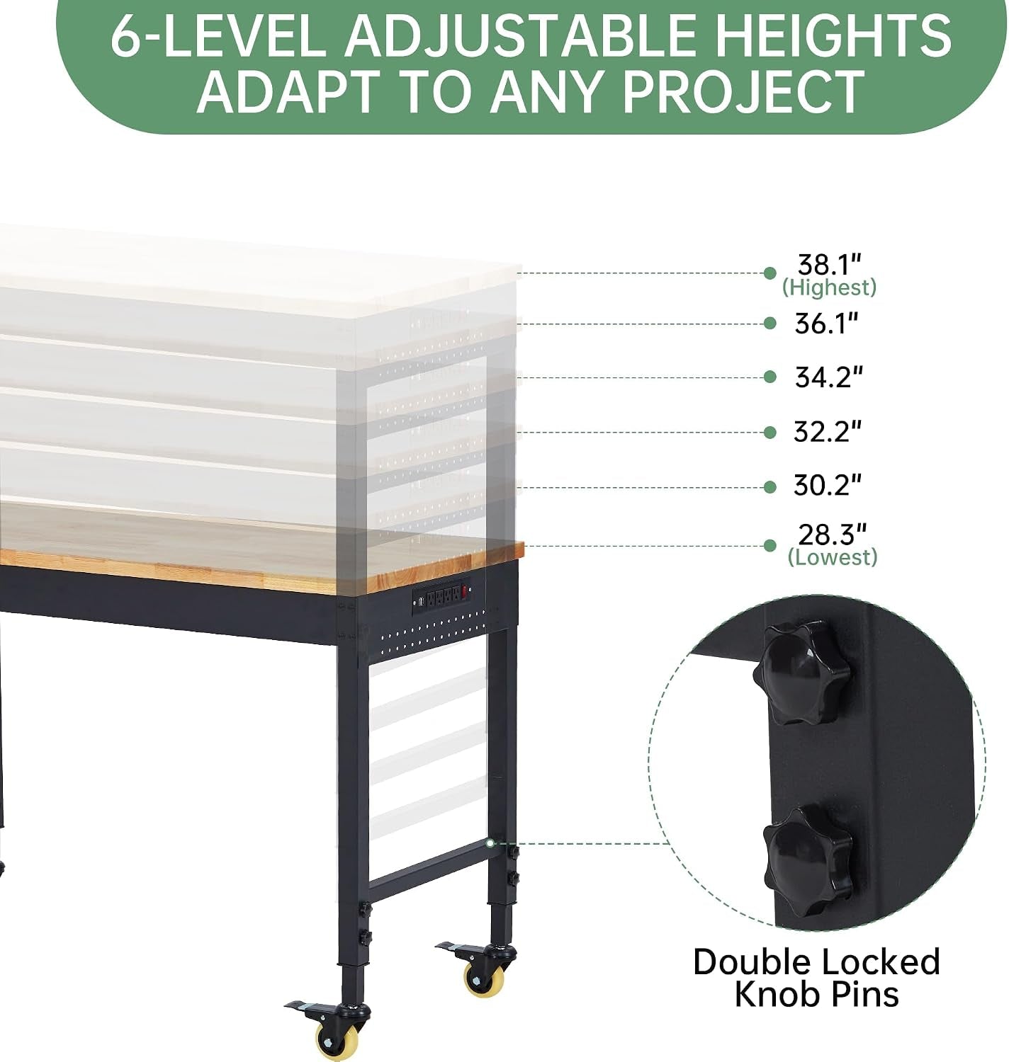 48X24 Inch Garage Workbench, Rubberwood Top Work Benches with Wheels & Power Outlet, Adjustable Height Work Table, 2000LBS Max Load Heavy Duty Workbench for Workshop Home Use