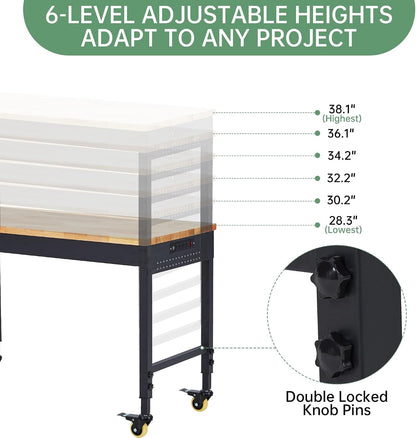 48X24 Inch Garage Workbench, Rubberwood Top Work Benches with Wheels & Power Outlet, Adjustable Height Work Table, 2000LBS Max Load Heavy Duty Workbench for Workshop Home Use
