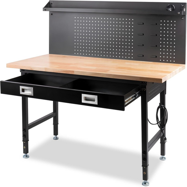 60" Workbench with Drawers, Work Benches for Garage with Strip Light, Adjustable Work Table with Large Pegboard, 2000 LBS Heavy Duty Table with Power Outlet Rubber Wood for Office Workshop