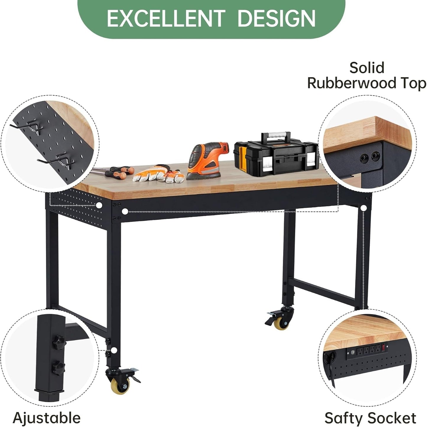 48X24 Inch Garage Workbench, Rubberwood Top Work Benches with Wheels & Power Outlet, Adjustable Height Work Table, 2000LBS Max Load Heavy Duty Workbench for Workshop Home Use