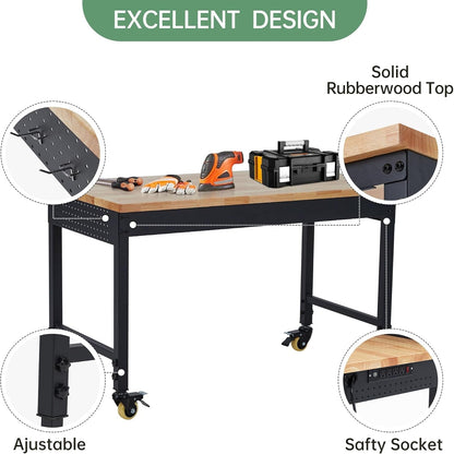 48X24 Inch Garage Workbench, Rubberwood Top Work Benches with Wheels & Power Outlet, Adjustable Height Work Table, 2000LBS Max Load Heavy Duty Workbench for Workshop Home Use