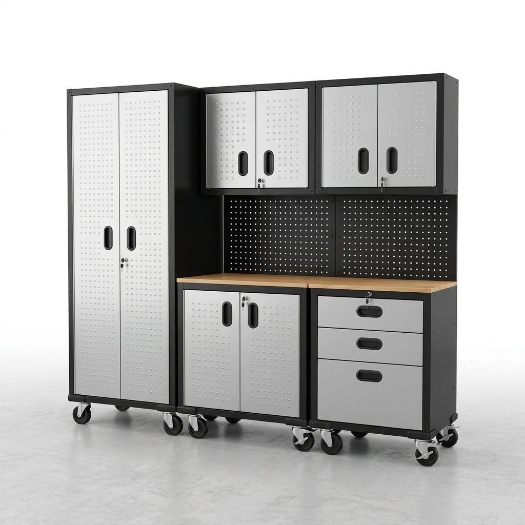 Garage Cabinet System | Heavy Duty Steel All-In-One Modular Garage Cabinet Set for Ultimate Workshop Organization | Easy Assembly Garage Storage Cabinets & Tool Bench — Studio Shot