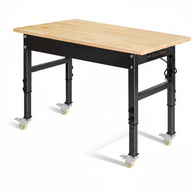 48" Adjustable Work Bench, Rubber Wood Top Workbench | Heavy-Duty Work Table with Power Outlet,Workbenches Wheels, 2000 LBS Load Capacity Hardwood Work Benches for Garage