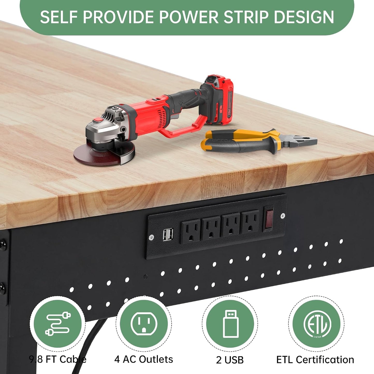 48X24 Inch Garage Workbench, Rubberwood Top Work Benches with Wheels & Power Outlet, Adjustable Height Work Table, 2000LBS Max Load Heavy Duty Workbench for Workshop Home Use