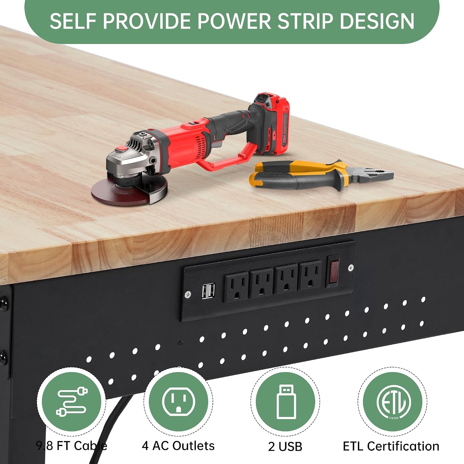 48X24 Inch Garage Workbench, Rubberwood Top Work Benches with Wheels & Power Outlet, Adjustable Height Work Table, 2000LBS Max Load Heavy Duty Workbench for Workshop Home Use