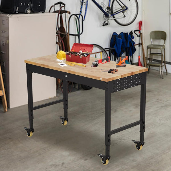 48X24 Inch Garage Workbench, Rubberwood Top Work Benches with Wheels & Power Outlet, Adjustable Height Work Table, 2000LBS Max Load Heavy Duty Workbench for Workshop Home Use