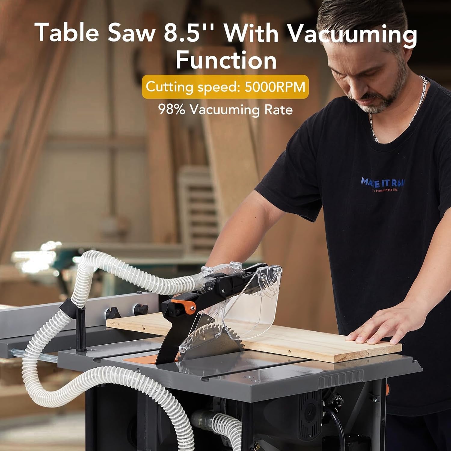 Table Saw for Jobsite, 98% Vacuuming Rate Table Saw 8.5 Inch，Cutting Speed up to 5000RPM，2000W,15A Tablesaw with Low Noise for DIY Woodworking and Furniture Making