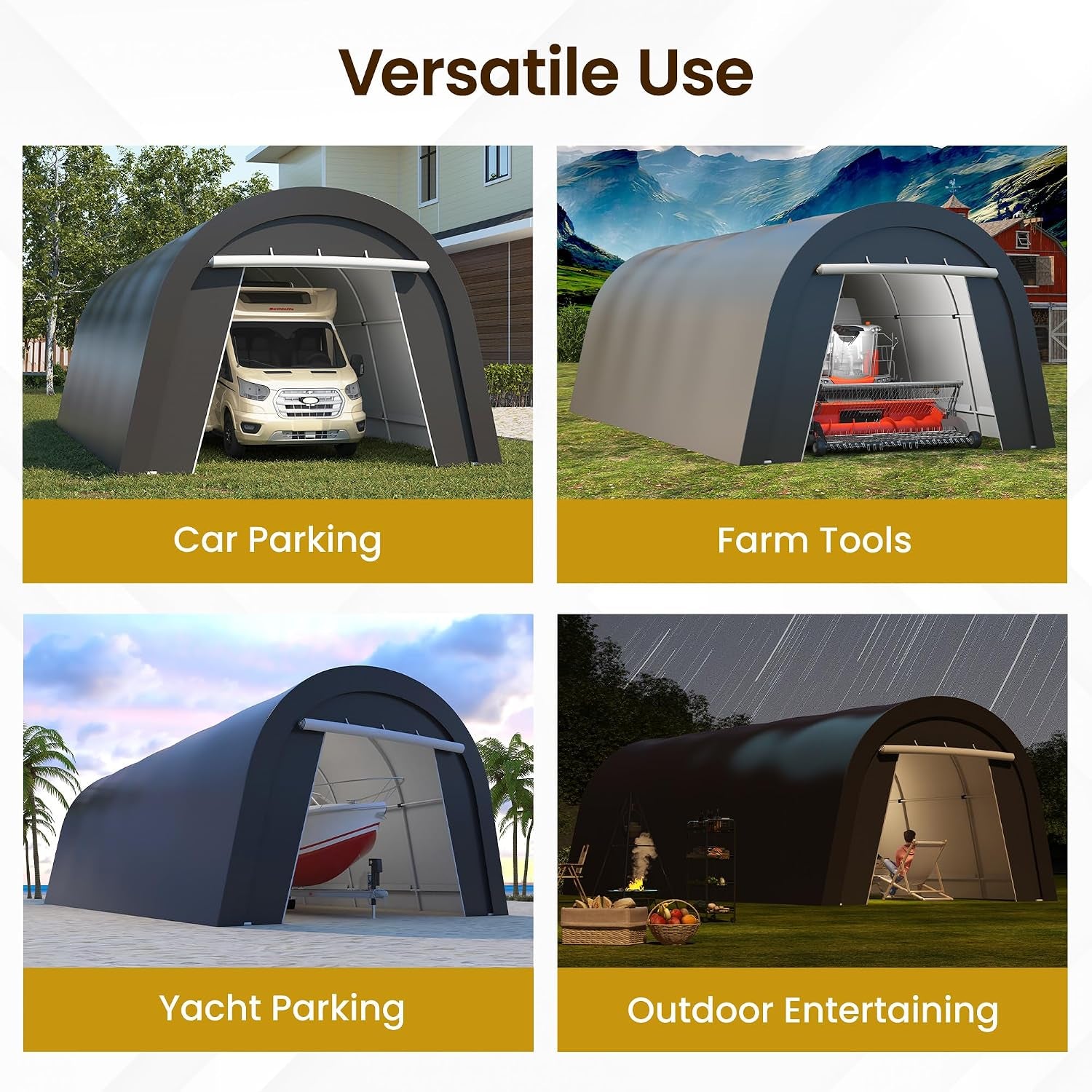 12X25FT Heavy Duty Carport, Portable Garage with 2 Roll up Doors Vents and Metal round Roof, Outdoor Storage Shed Car Port Canopy Tent for Garden Tools, Vehicle Truck Boat, Party, Dark Gray
