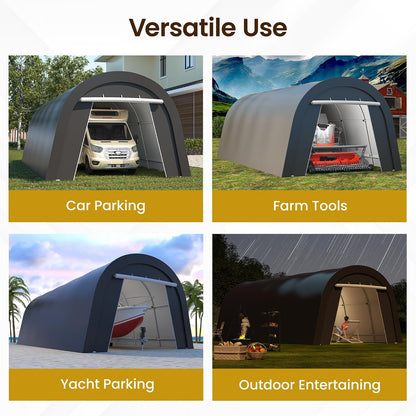 12X25FT Heavy Duty Carport, Portable Garage with 2 Roll up Doors Vents and Metal round Roof, Outdoor Storage Shed Car Port Canopy Tent for Garden Tools, Vehicle Truck Boat, Party, Dark Gray