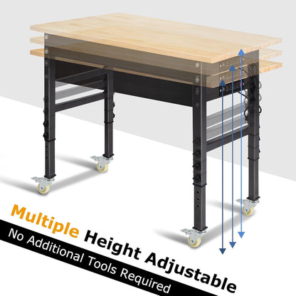 48" Adjustable Work Bench, Rubber Wood Top Workbench | Heavy-Duty Work Table with Power Outlet,Workbenches Wheels, 2000 LBS Load Capacity Hardwood Work Benches for Garage