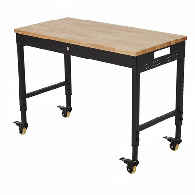 48X24 Inch Garage Workbench, Rubberwood Top Work Benches with Wheels & Power Outlet, Adjustable Height Work Table, 2000LBS Max Load Heavy Duty Workbench for Workshop Home Use