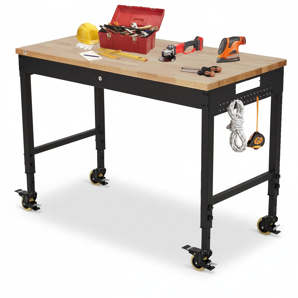 48X24 Inch Garage Workbench, Rubberwood Top Work Benches with Wheels & Power Outlet, Adjustable Height Work Table, 2000LBS Max Load Heavy Duty Workbench for Workshop Home Use